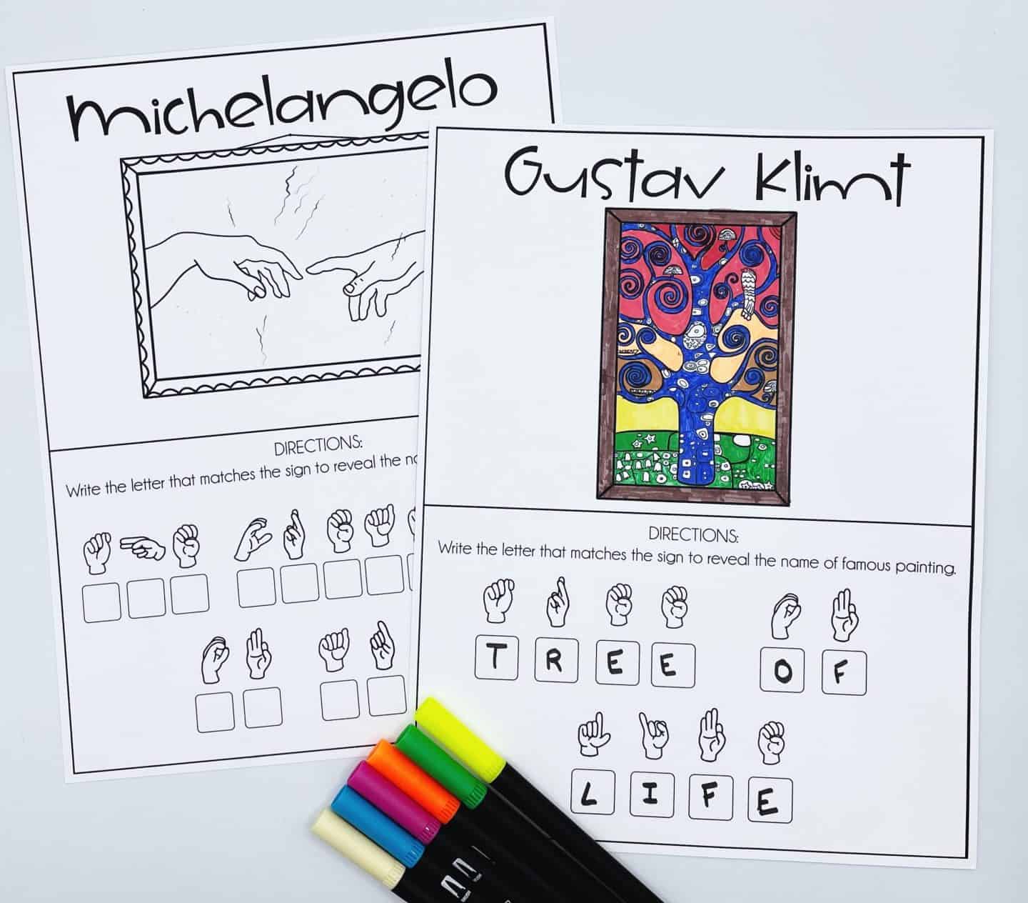 Two printable ASL (American Sign Language) worksheets featuring famous artworks. One page highlights Michelangelo with an outlined drawing of the “Creation of Adam” and ASL finger signs to decode the painting’s title. The other features Gustav Klimt’s “Tree of Life,” fully colored, with ASL signs that decode to the words “TREE OF LIFE.” Several colorful markers are placed at the bottom of the pages.