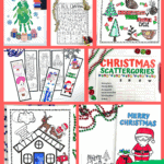 Colorful image grid of children’s printable Christmas activities including Santa coloring cards, bookmarks, scattergories, and storybook worksheets.