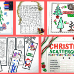 Printable Christmas activities for kids featuring bookmarks to color, I Spy page, tree life cycle, and scattergories game.