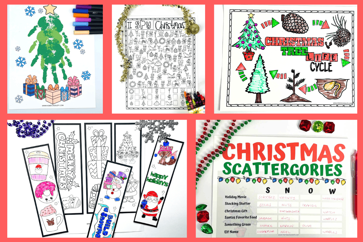 Printable Christmas activities for kids featuring bookmarks to color, I Spy page, tree life cycle, and scattergories game.