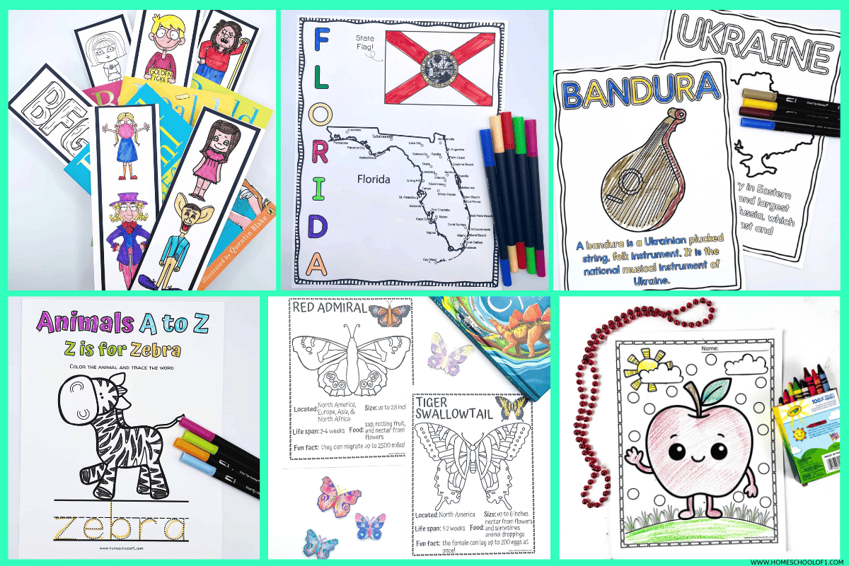 Free coloring pages for kids with U.S. states, Ukraine, animals A to Z, butterflies, and alphabet-themed creative coloring sheets.