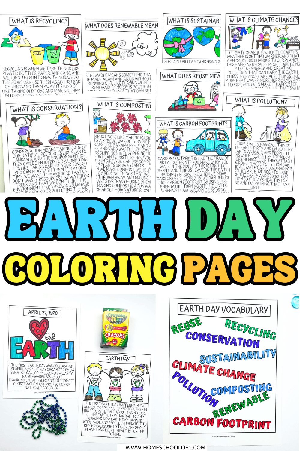 Free Earth Day coloring pages printable with recycling and conservation themes