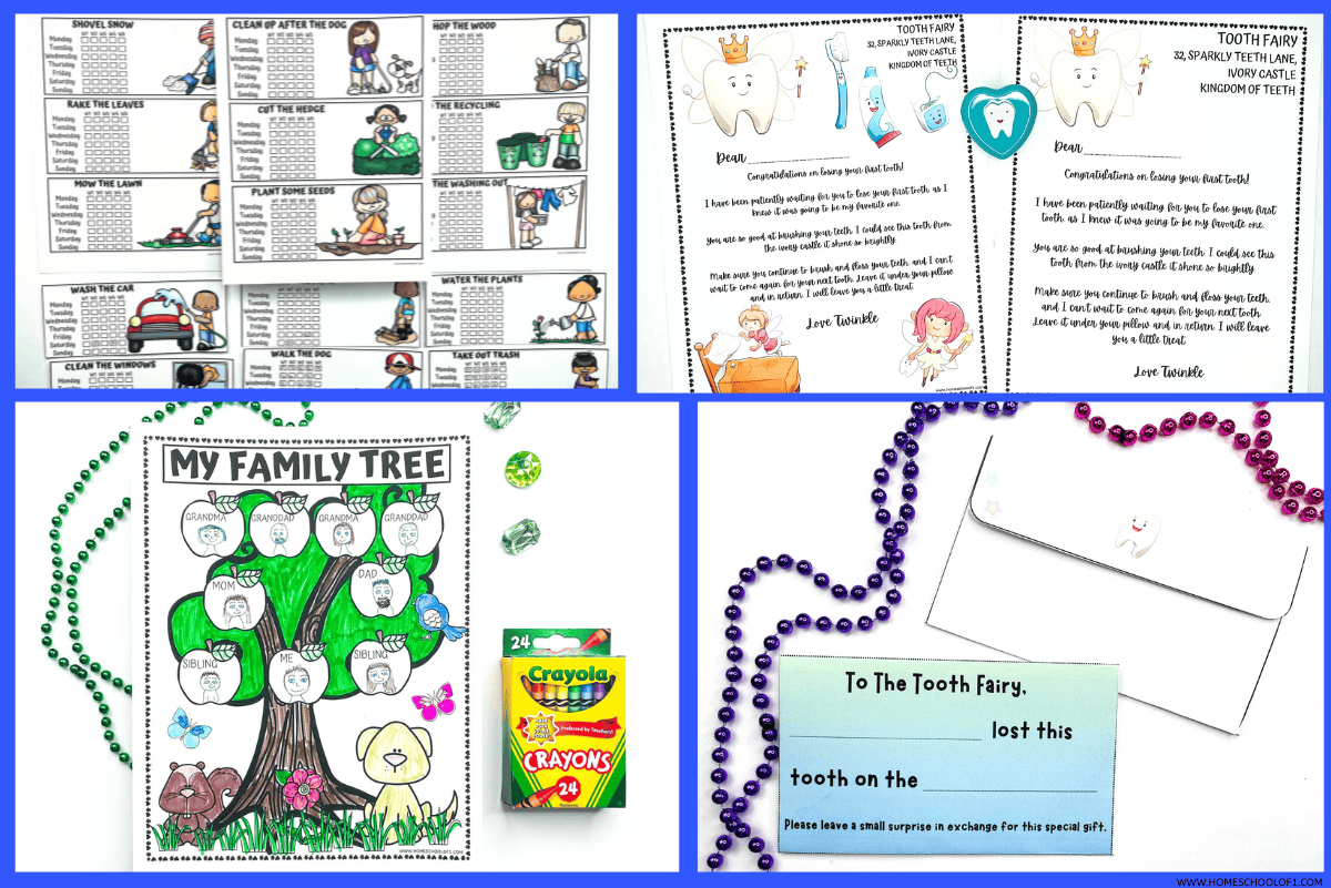 Free everyday printables for kids including chore charts, family tree coloring, and fun tooth fairy letters and envelopes.