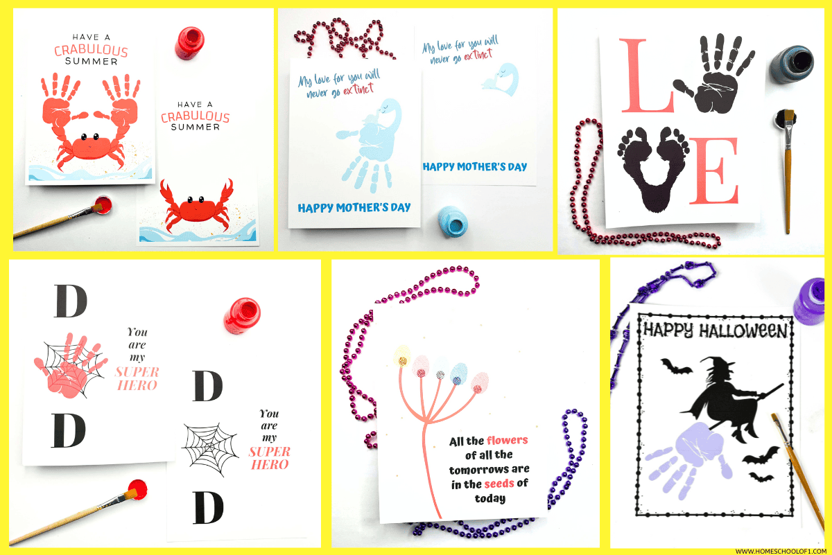 Free printable handprint crafts for kids including summer, Halloween, Valentine’s Day, Mother’s Day, and superhero handprint art.