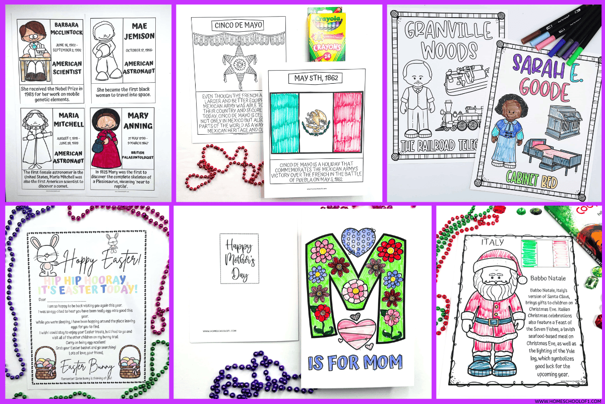 Free holiday printables for kids including Easter Bunny letters, Mother’s Day cards, Cinco de Mayo and Women’s History coloring.