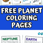 Printable solar system coloring sheets for kids — includes all 8 planets with labeled outlines, fun facts, and blank and colored examples.