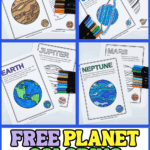 Colorful set of free planet coloring pages for children, with all 8 planets and space-themed illustrations perfect for homeschool or science centers.