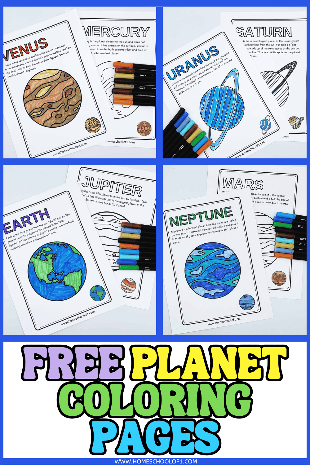 Colorful set of free planet coloring pages for children, with all 8 planets and space-themed illustrations perfect for homeschool or science centers.

