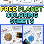 Printable solar system coloring sheets for kids — includes all 8 planets with labeled outlines, fun facts, and blank and colored examples.