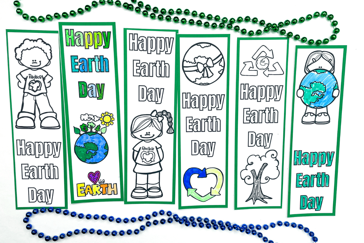 Five vertical Earth Day bookmarks, some partially colored, featuring phrases like “Happy Earth Day” and images of kids, the planet, recycling symbols, and trees. Green and blue beaded necklaces add a fun decorative border.