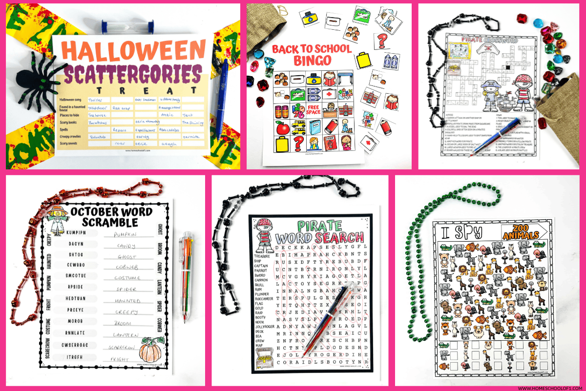 Free printable games for kids like Halloween Scattergories, bingo, word scrambles, word searches, I Spy, and crossword puzzles.