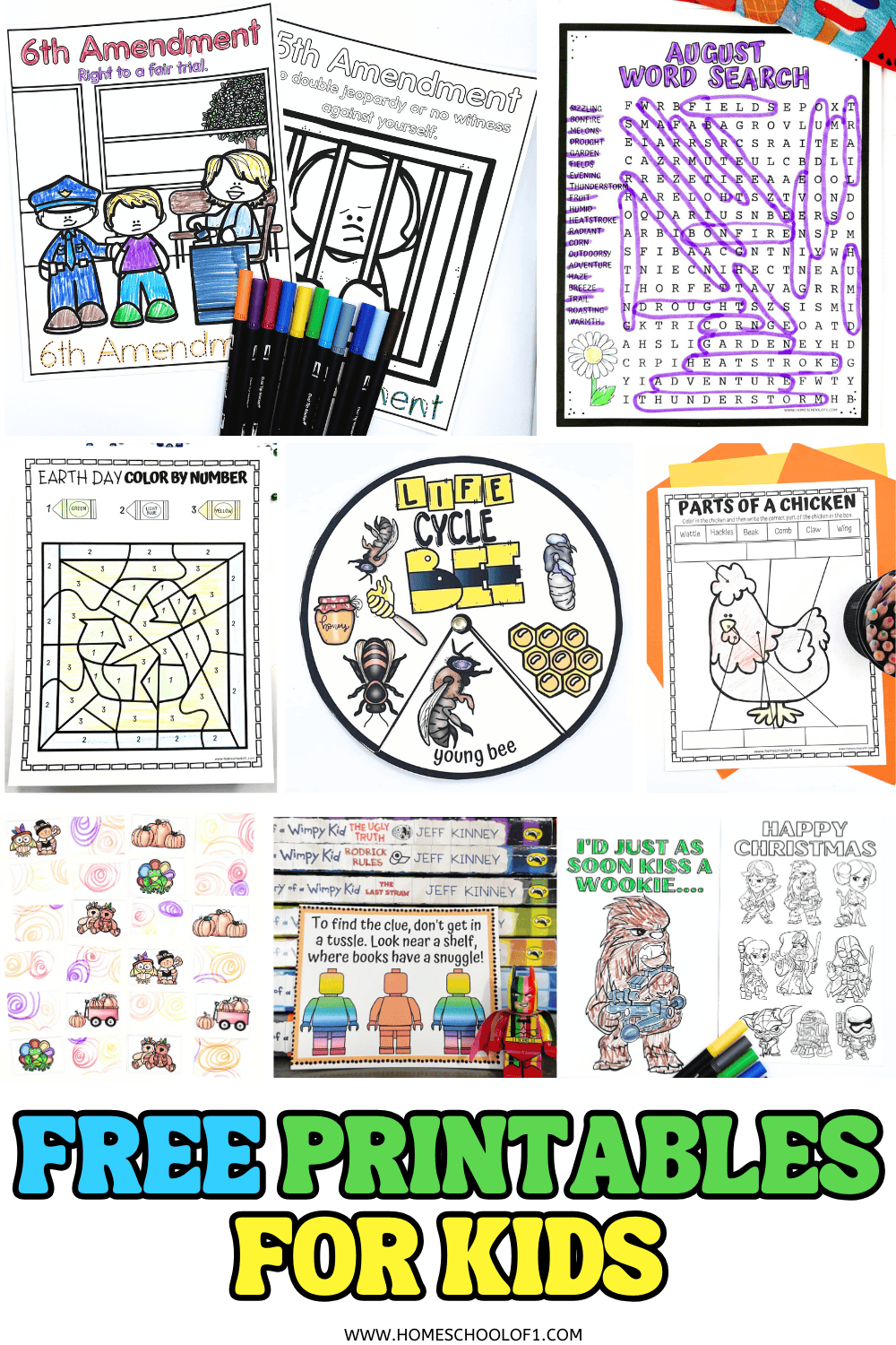 Free printables for kids including worksheets, coloring pages, games, and seasonal activities from Homeschool of 1.
