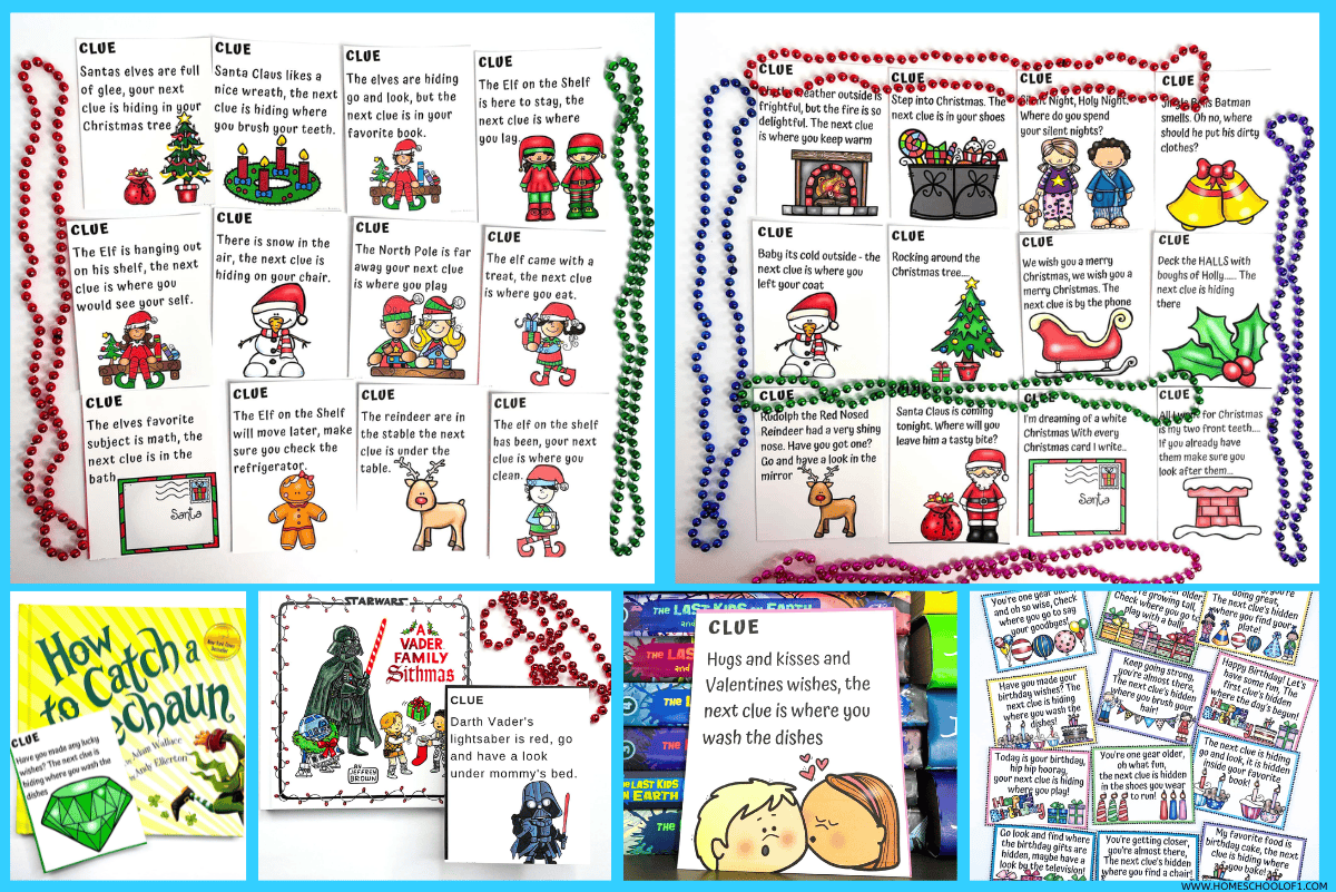 Free scavenger hunt printables for kids including Elf on the Shelf clues, Christmas treasure hunts, and Valentine’s Day riddles.