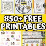 Collection of 850+ kids free printables featuring worksheets, games, crafts, coloring pages, and seasonal holiday activities.