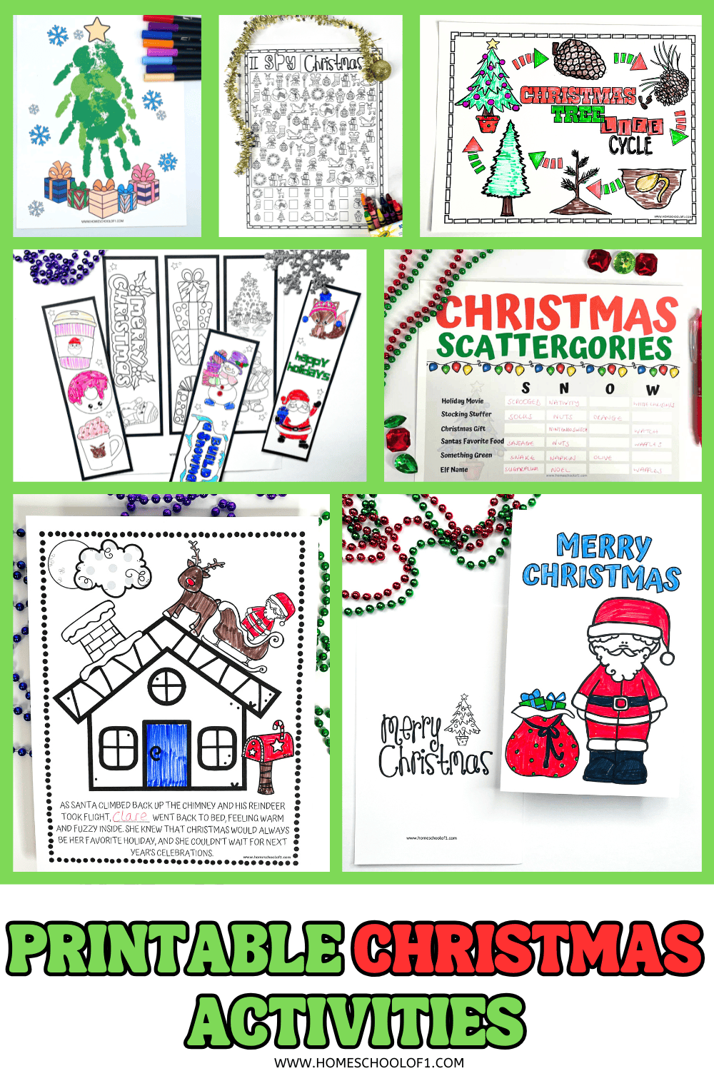 Collage of printable Christmas activities including I Spy worksheet, handprint Christmas tree, bookmarks, story coloring pages, and Santa cards.
