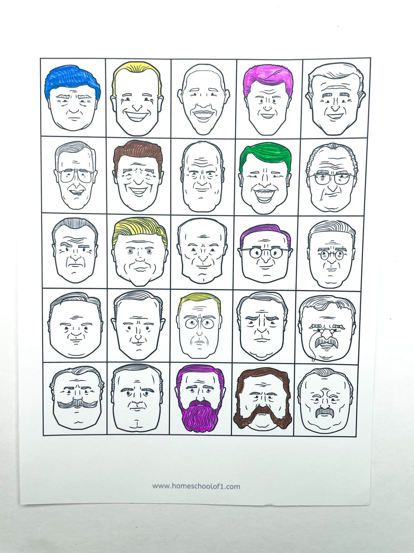 Grid of cartoon-style U.S. presidential portraits designed as a coloring page, featuring 30 square-framed headshots, some with bold, colorful hair in shades like blue, purple, green, and yellow. A few presidents are fully outlined but uncolored, while others have been given playful, non-traditional color schemes. 