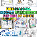 A collage of free seasonal holiday worksheets for kids, including coloring pages, word searches, handprint art, and activity sheets for events like Halloween, back to school, Martin Luther King Jr. Day, and Christmas.