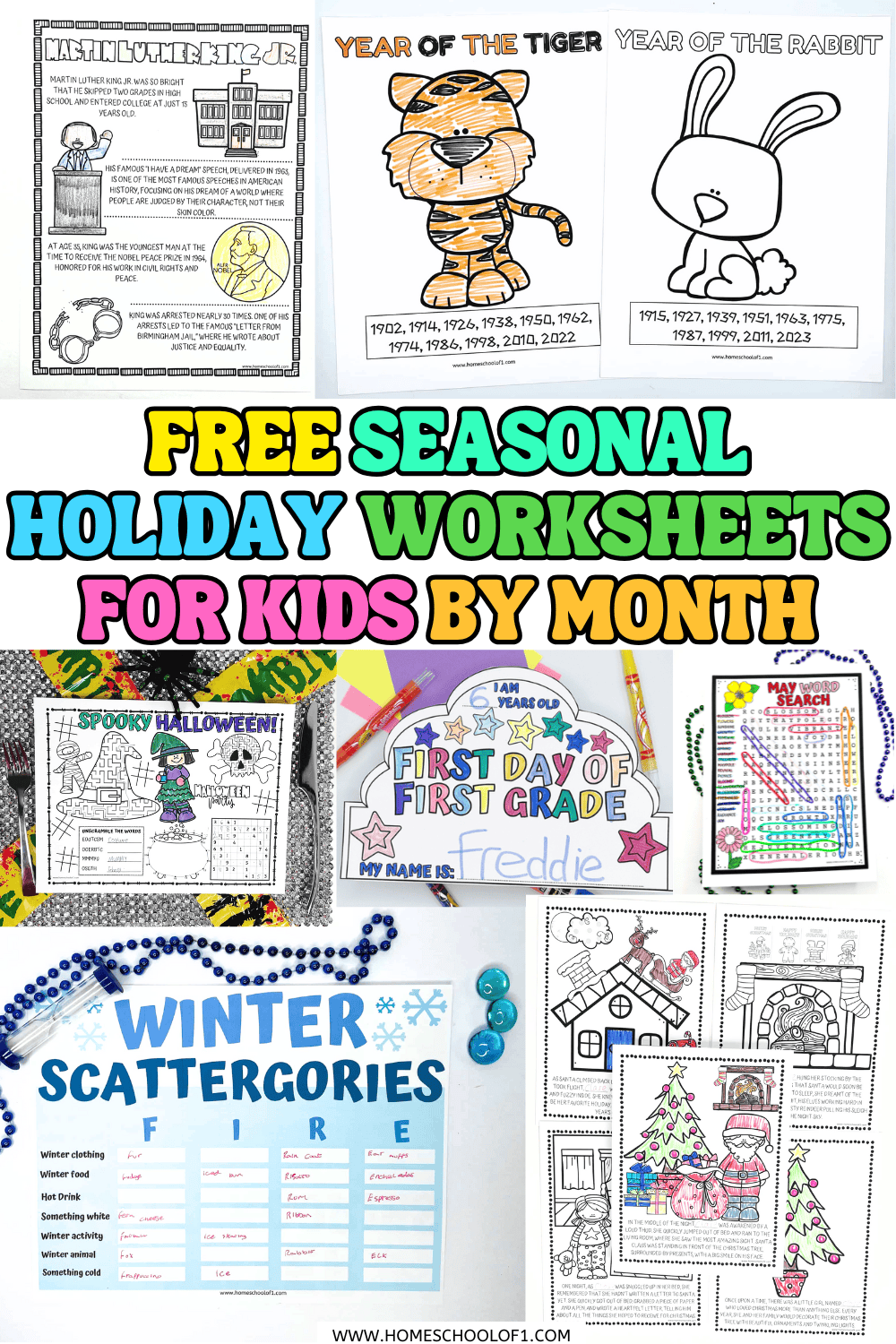 A collage of free seasonal holiday worksheets for kids, including coloring pages, word searches, handprint art, and activity sheets for events like Halloween, back to school, Martin Luther King Jr. Day, and Christmas.
