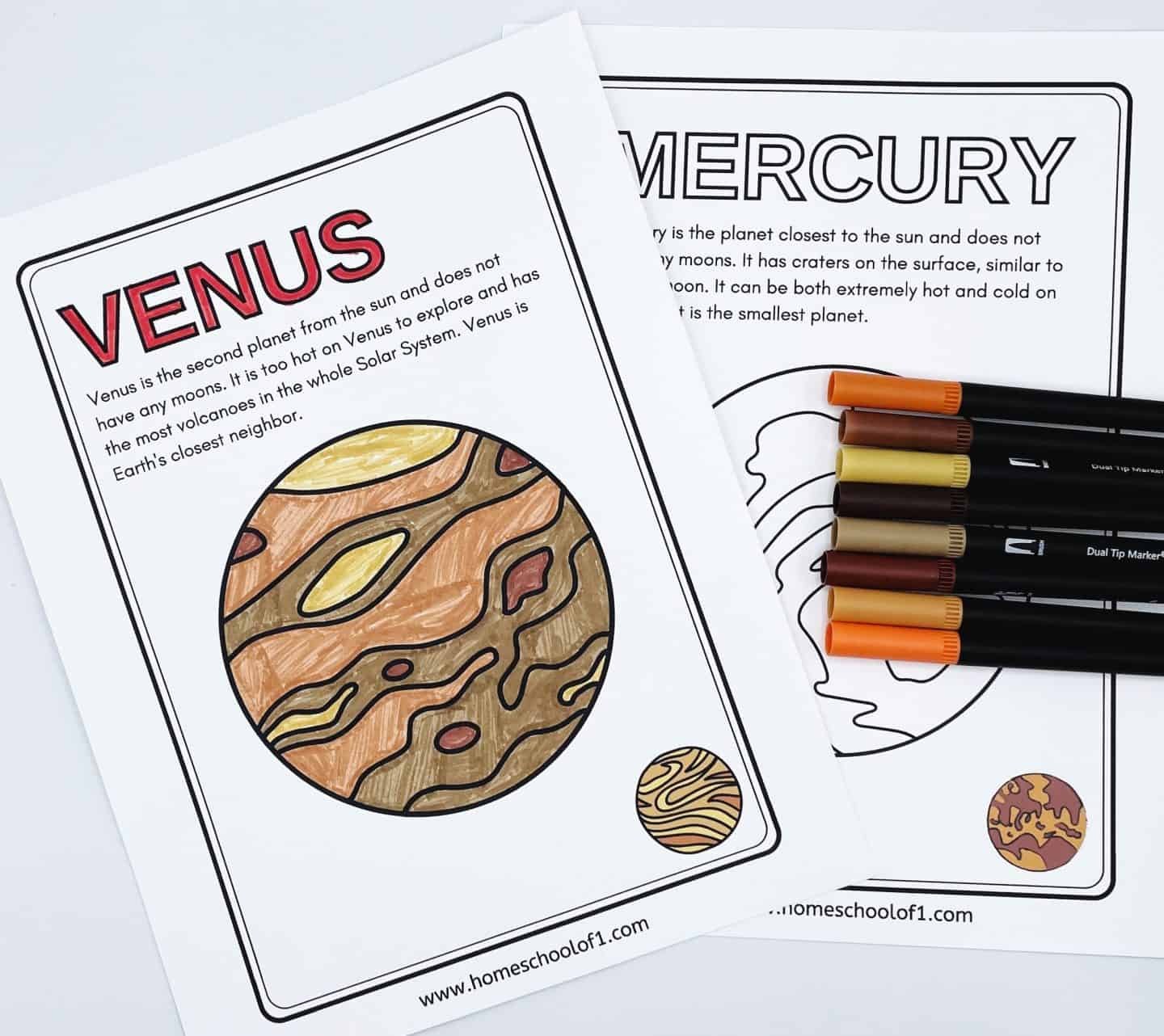 Two educational coloring pages about Venus and Mercury are shown. The Venus page features a colored illustration of the planet. Alongside are five markers in brown and orange shades. Both pages include informative text about the planets.
