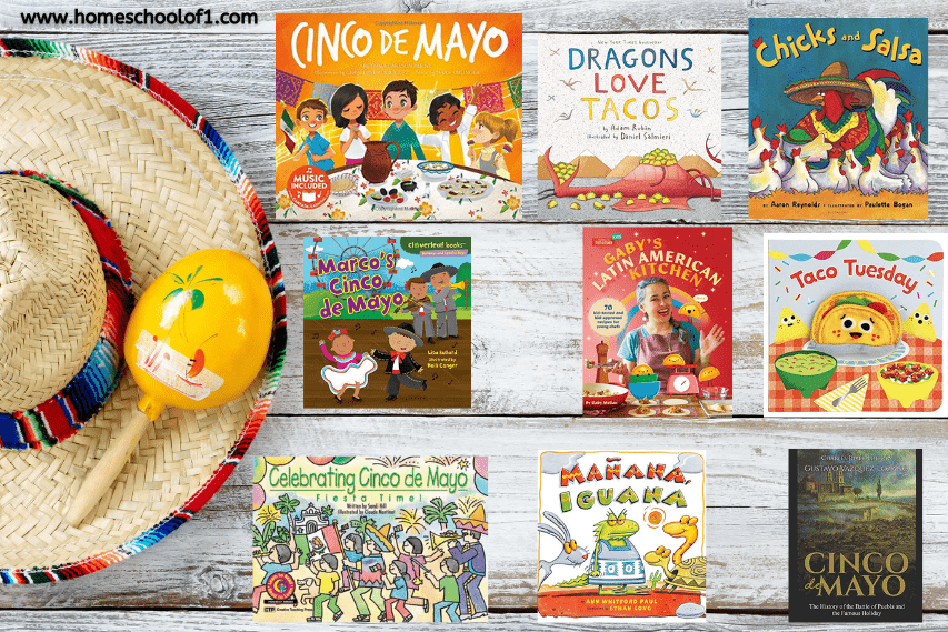 A flat lay of nine children’s books themed around Cinco de Mayo, arranged on a wooden surface alongside a sombrero and a maraca. Book titles include Cinco de Mayo, Dragons Love Tacos, Chicks and Salsa, Marco’s Cinco de Mayo, Gaby’s Latin American Kitchen, Taco Tuesday, Celebrating Cinco de Mayo, Mañana Iguana, and Cinco de Mayo: The History of the Battle of Puebla. The setup highlights books that celebrate Mexican culture and food in a fun and colorful way.