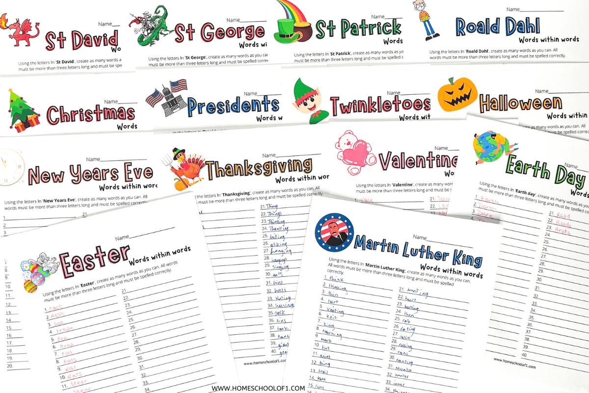 A collection of printable “Words Within Words” worksheets, each themed around a holiday or notable day such as St. David, St. George, St. Patrick, Roald Dahl, Christmas, Presidents, Twinkletoes, Halloween, New Year’s Eve, Thanksgiving, Valentine’s, Earth Day, Easter, and Martin Luther King Jr. The worksheets challenge users to find and list words hidden within each holiday name, combining fun with vocabulary practice.