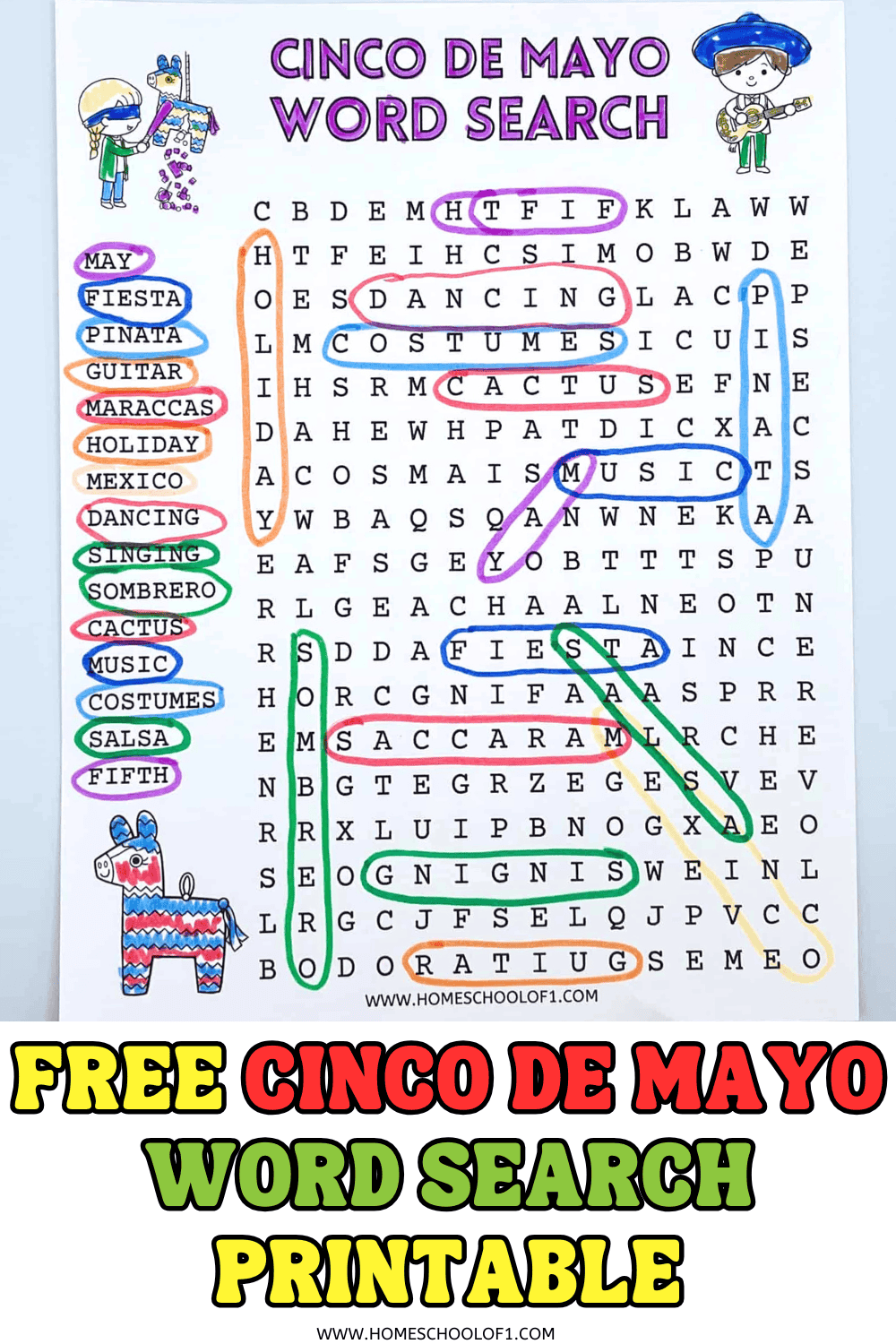 Completed Cinco de Mayo word search with words May, fiesta, pinata, salsa, mexico and more with the words FREE CINCO DE MAYO WORD SEARCH PRINTABLE in yellow, red, and green font.