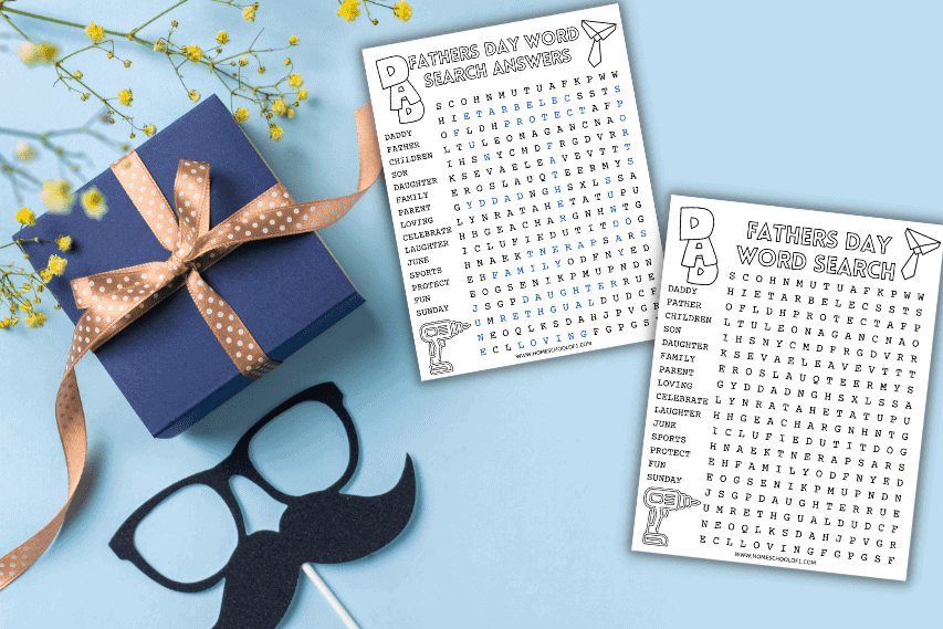 A Father's Day word search puzzle, with words related to fatherhood such as 'DADDY,' 'PARENT,' and 'LAUGHTER' Visual elements like a power drill and tie are playfully incorporated, making it a creative activity for children to honor fathers and enjoy the holiday.