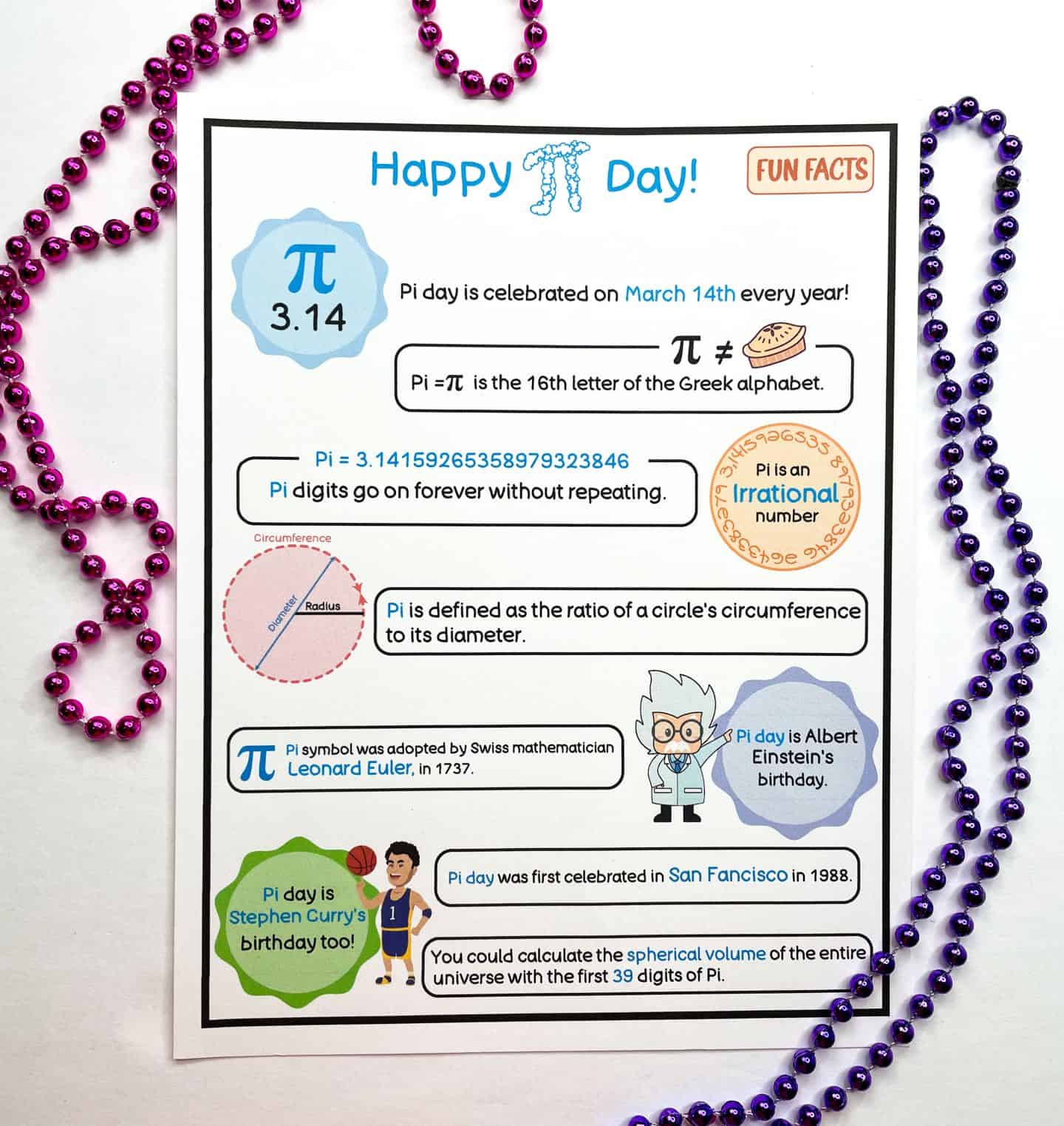 A colorful Pi Day fun facts worksheet featuring trivia about the number pi, including its definition, the value 3.14, and its celebration on March 14th. Illustrated with graphics like a pie, scientist, and Stephen Curry, this educational printable is decorated with purple and pink beaded necklaces for a festive touch.