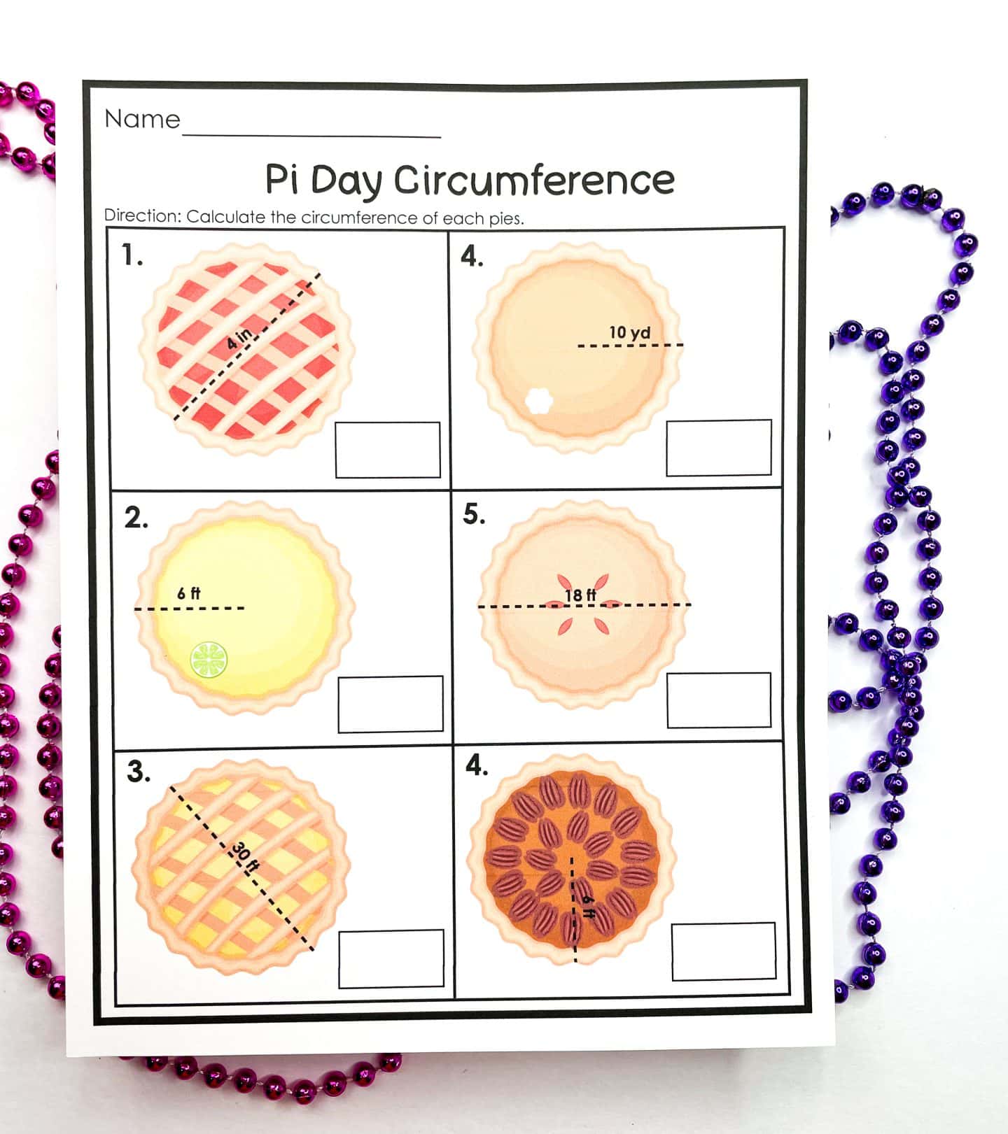 A Pi Day circumference worksheet with six illustrated pies, each labeled with a different diameter measurement in inches, feet, or yards. The student is instructed to calculate the circumference for each pie. The worksheet is decorated with colorful beads along the edges for a festive touch.