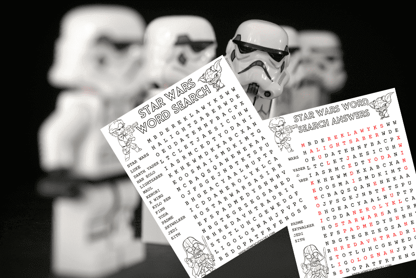 Black-and-white Star Wars-themed word search puzzle shown alongside its answer key, both floating in front of a background image of LEGO Stormtrooper helmets. The worksheets feature a word list, grid of letters, and small Star Wars character illustrations in the corners. The answer sheet has the hidden words highlighted in red.