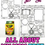 A photo of two black-and-white printable worksheets titled "All About My Mom" and "All About Grandma," featuring fill-in-the-blank sections for kids to personalize answers like favorite book, color, food, smell, and travel dreams. The page also includes medals, hearts, and frames for drawings or photos. Crayons and a pink beaded bow are placed beside the sheets, ready for coloring.