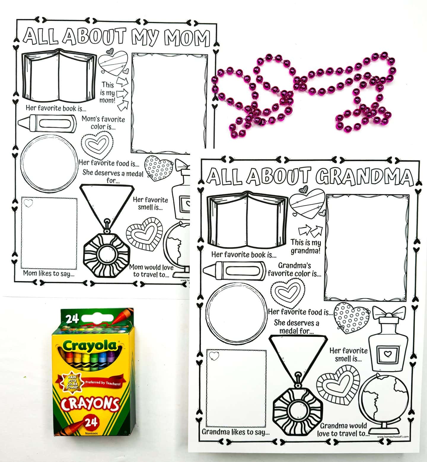 all about my mom and all about my grandma worksheet with a crayola crayons yellow box and pink beads. 