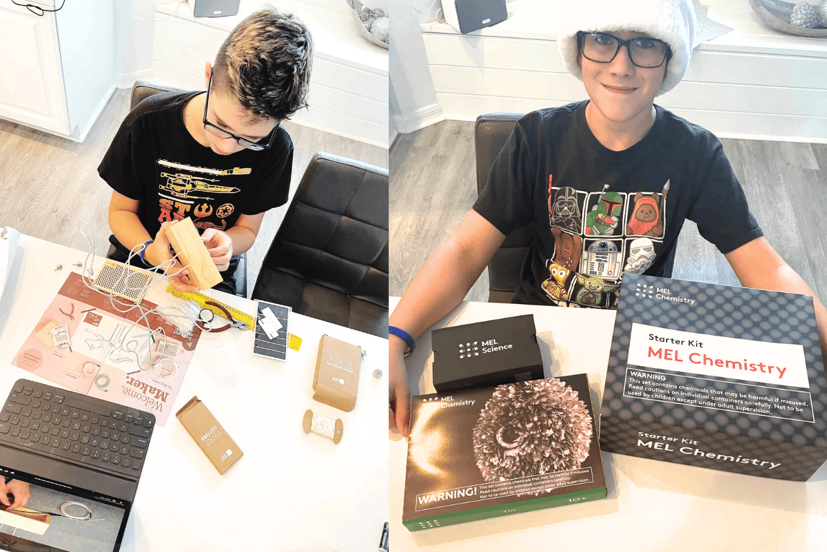Child building a KiwiCo engineering project with wooden parts, wires, and tools at a table. Right: Child smiling in a Santa hat with MEL Science Chemistry starter kit boxes on the table.