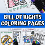 Printable Bill of Rights coloring sheets for elementary students with 1st through 10th amendments and matching visuals