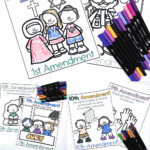 Free printable Bill of Rights coloring pages for kids featuring 1st, 2nd, 7th, 8th, 9th, and 10th amendments with kid-friendly illustrations