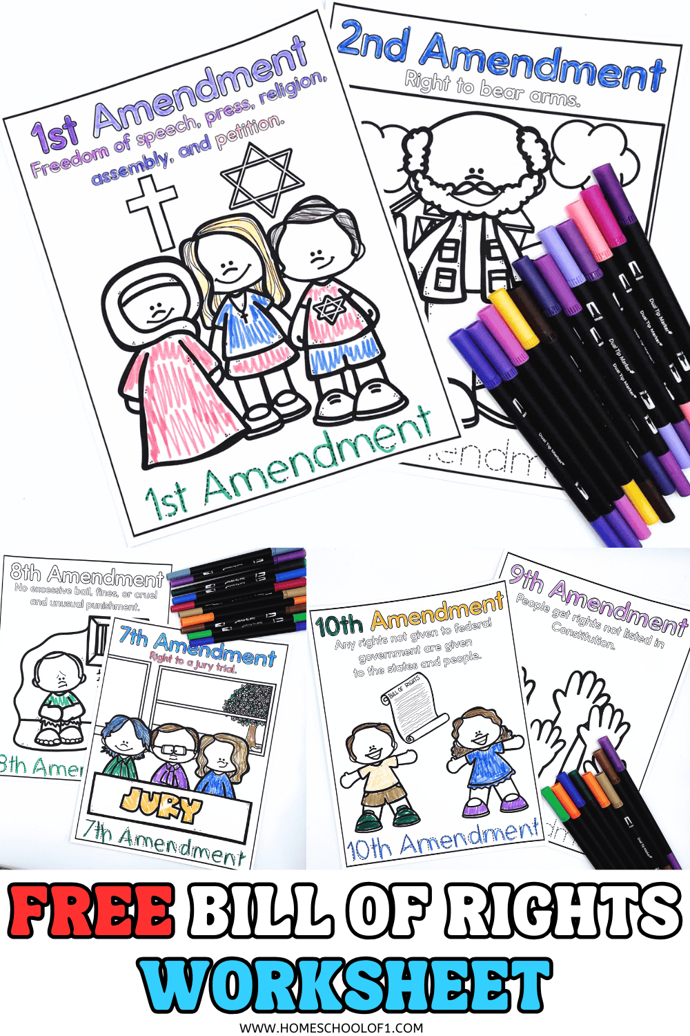 Free printable Bill of Rights coloring pages for kids featuring 1st, 2nd, 7th, 8th, 9th, and 10th amendments with kid-friendly illustrations