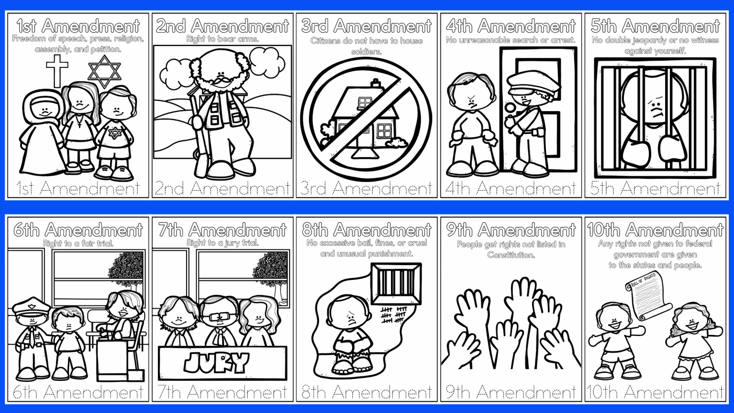 Black-and-white printable coloring pages for kids featuring the Bill of Rights, with one page per amendment. Each page includes simple drawings and a summary of each right—for example, the 1st Amendment page shows three children with symbols of different religions, while the 4th depicts a child and a police officer at a door. The layout presents all ten amendments in two neat rows, ideal for educational use or classroom displays.

