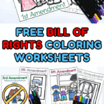 Bill of Rights worksheets for kids to color, showing amendments 1 through 10 with fun educational designs and markers