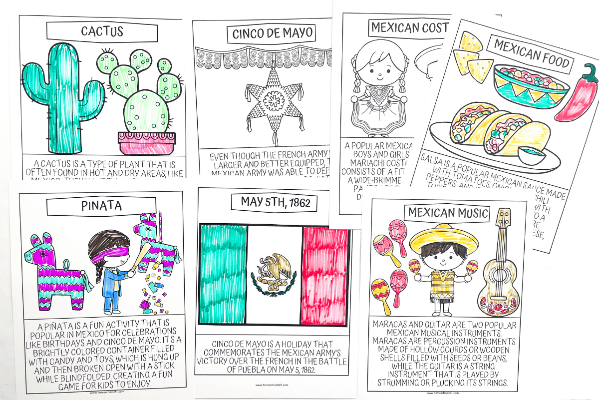 A collection of six educational Cinco de Mayo coloring pages for kids, each with hand-colored illustrations and cultural facts. Pages feature topics like cacti, piñatas, the Mexican flag, traditional mariachi clothing, Mexican food such as tacos and salsa, and musical instruments like maracas and guitars. Each page includes a heading and short informative paragraph, arranged in a fun and engaging layout.