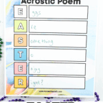 Printable Easter acrostic poem worksheet for kids with the word โEASTERโ written vertically and blank lines for each letter, partially filled in with a childโs example poem.