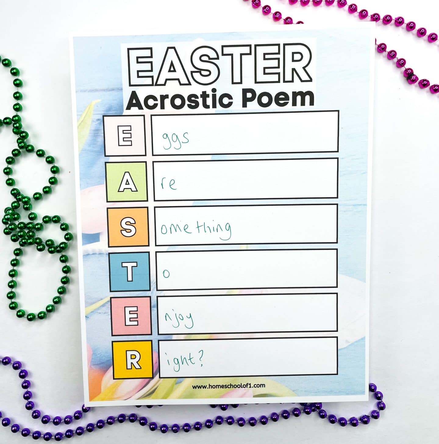 A photo of a completed Easter acrostic poem template, where a child has written a short poem. The poem is decorated with Easter-themed elements like pastel beads and floral designs. The template is colorful and easy for young learners to use.
