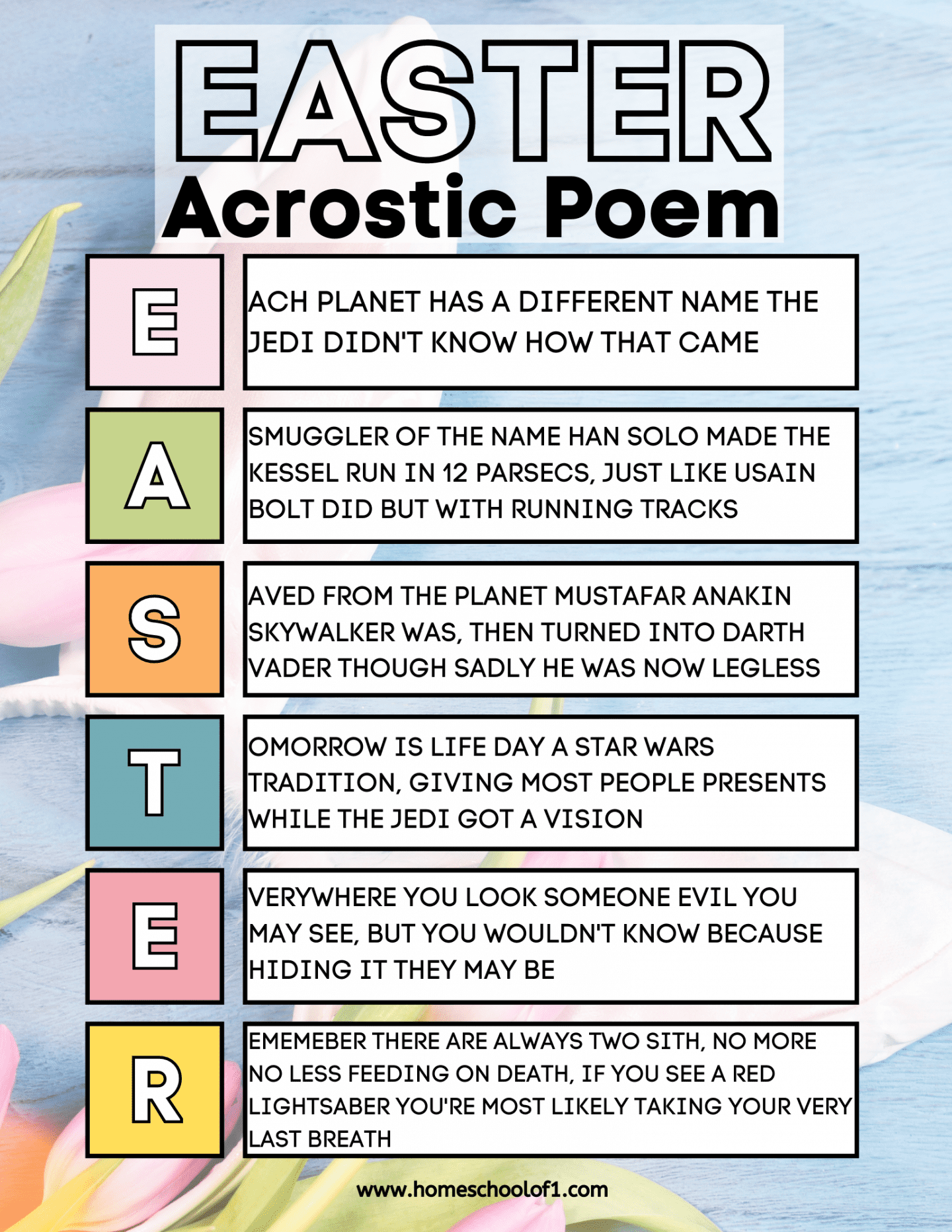 A colorful Easter-themed acrostic poem featuring the word "EASTER." Each letter is followed by a creative description inspired by the Star Wars universe, with playful references to characters and scenes.