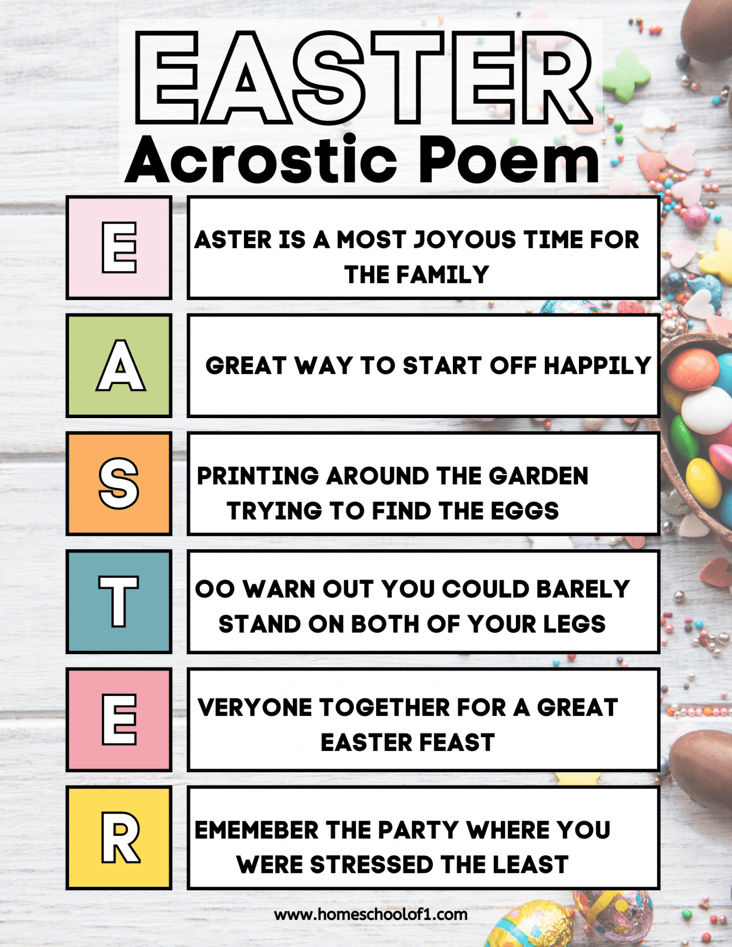 Another Easter-themed acrostic poem template for kids, featuring the word "EASTER." The poem lines are blank, providing space for children to write their own poem. The background includes colorful Easter treats like candy and decorated eggs.