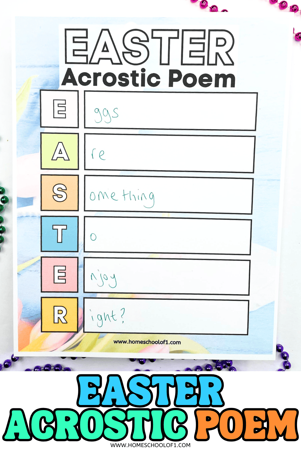 Printable Easter acrostic poem worksheet for kids with the word โEASTERโ written vertically and blank lines for each letter, partially filled in with a childโs example poem.