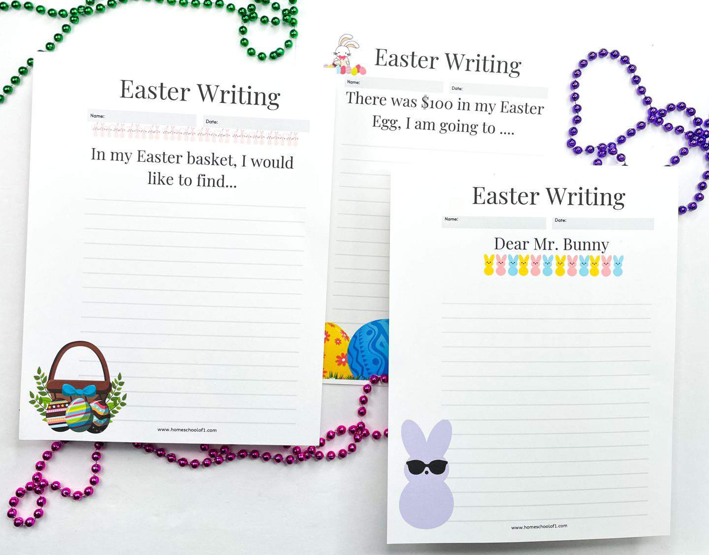 Three Easter-themed writing prompt worksheets for kids are displayed with festive illustrations like an Easter basket, decorated eggs, and a cool bunny wearing sunglasses. Prompts include “In my Easter basket, I would like to find…”, “There was $100 in my Easter Egg, I am going to…”, and “Dear Mr. Bunny.” Colorful beaded necklaces in green, pink, and purple add a playful, holiday vibe to the white background.


