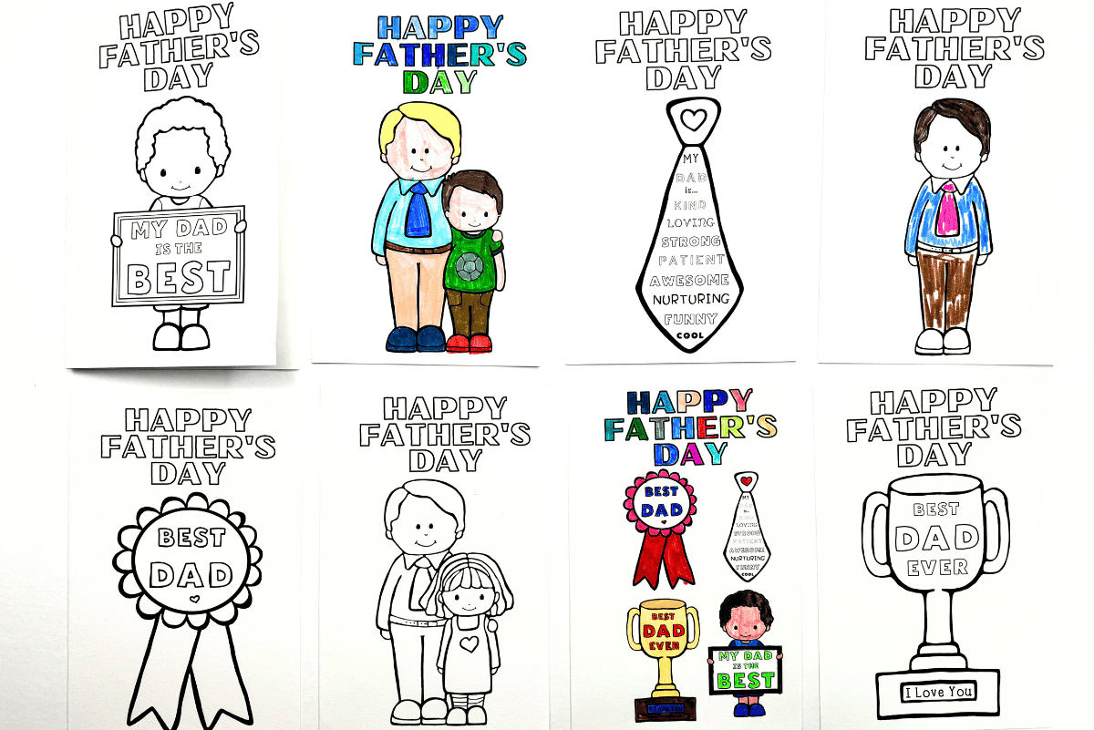 A set of free printable Father's Day cards to color, featuring black-and-white and colored-in designs with kids holding signs, ribbons, trophies, and a necktie that say phrases like "Best Dad" and "#1 Dad." Each card includes “Happy Father’s Day” text, making them fun, kid-friendly printables for DIY celebrations.