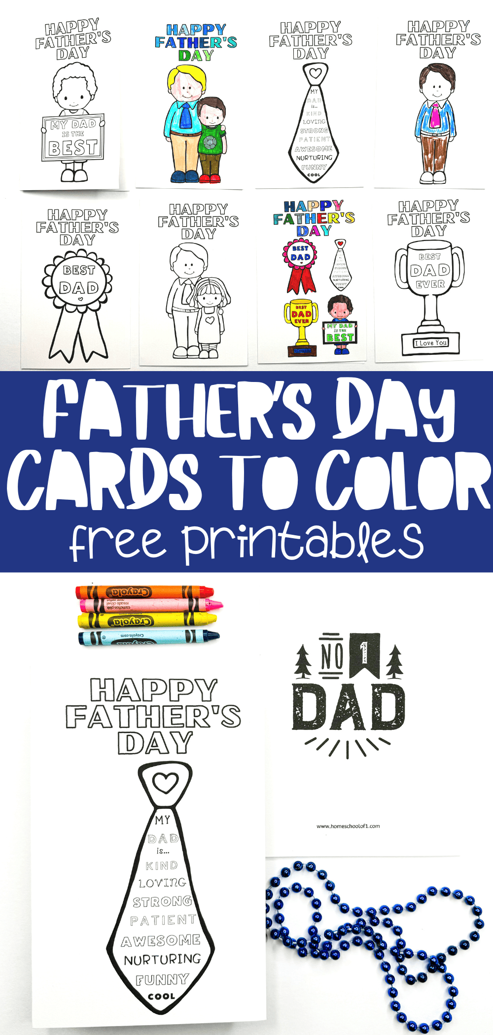 A collection of free printable Father's Day cards to color, featuring designs like kids with their dads, "Best Dad" ribbons, trophies, and a necktie with words describing dad. Some cards are partially colored, and the image includes crayons and blue bead decorations for a festive touch.