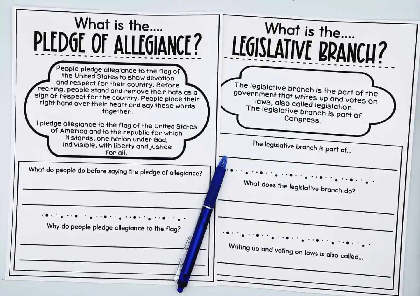 what is the pledge of allegiance? What is the legislative branch? worksheets