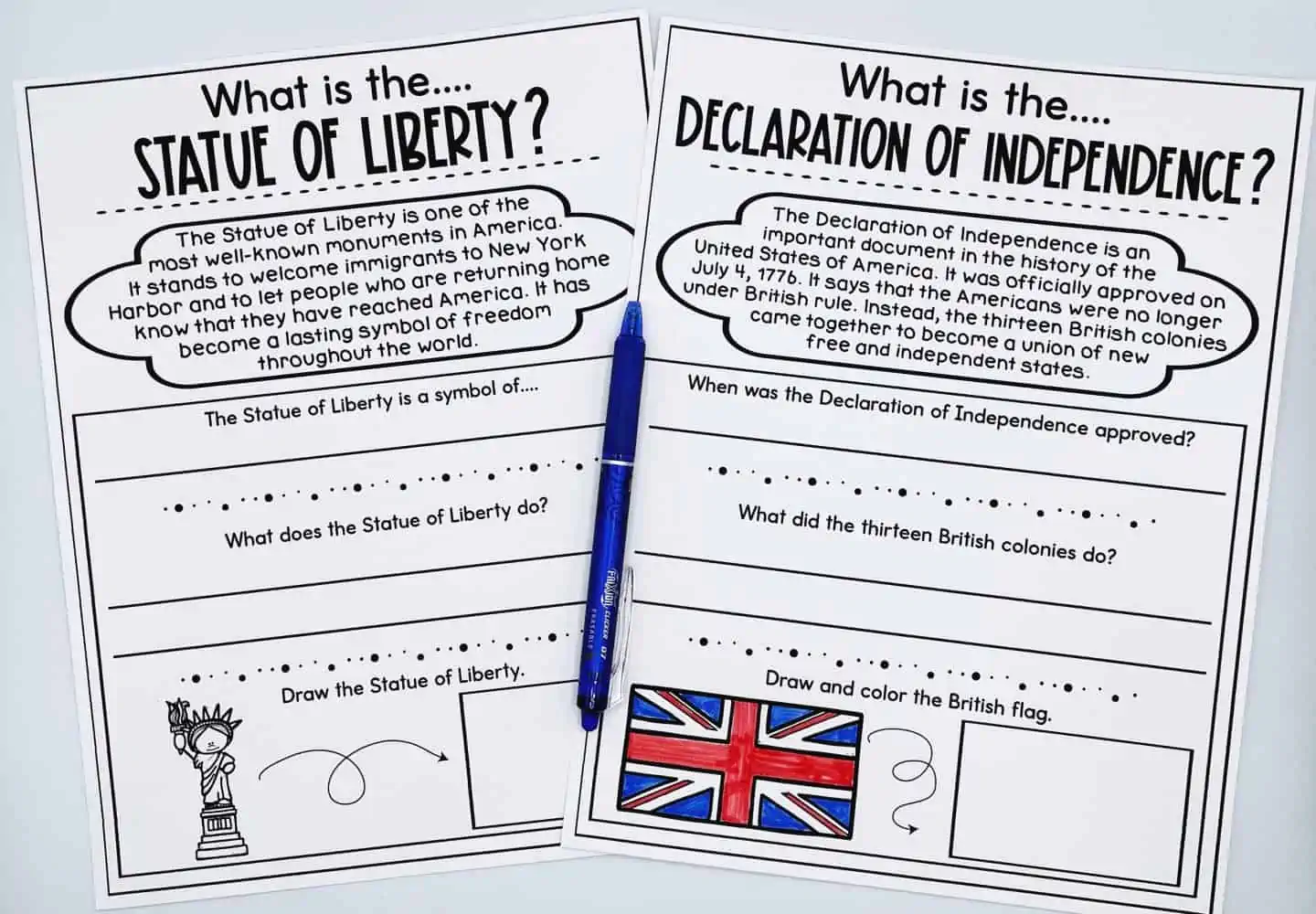 What is the statue of liberty? What is the declaration of independence? government worksheets