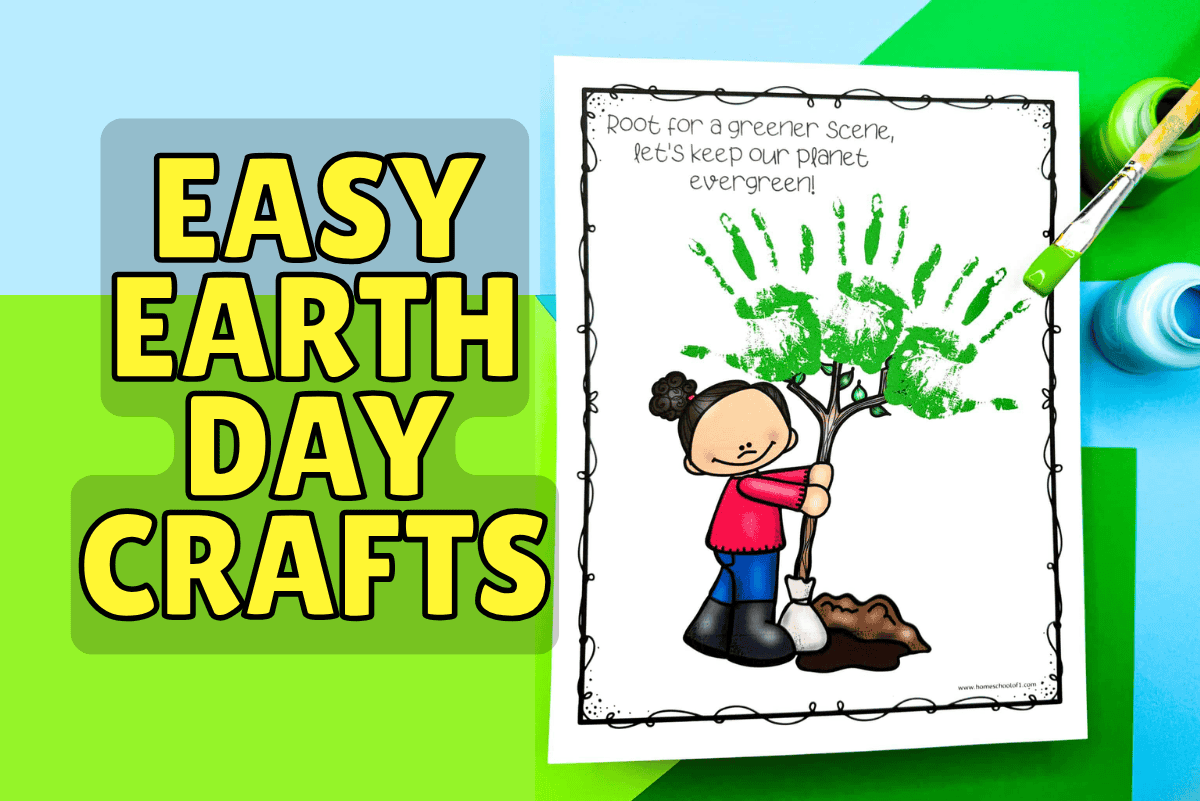 Easy Earth Day crafts for kids with handprint tree art using paint